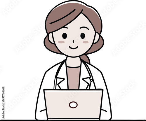 Female Doctor Working on Laptop Vector Illustration on white background.