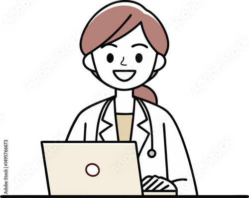 Female Doctor Working on Laptop Vector Illustration on white background.