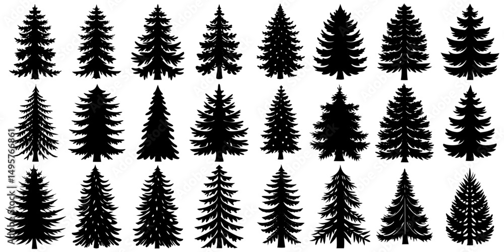 Fototapeta premium Evergreen Silhouettes – Nature’s Forms Description 3: An elegant collection of evergreen tree silhouettes illustrating their structural diversity and artistic appeal in a monochrome theme