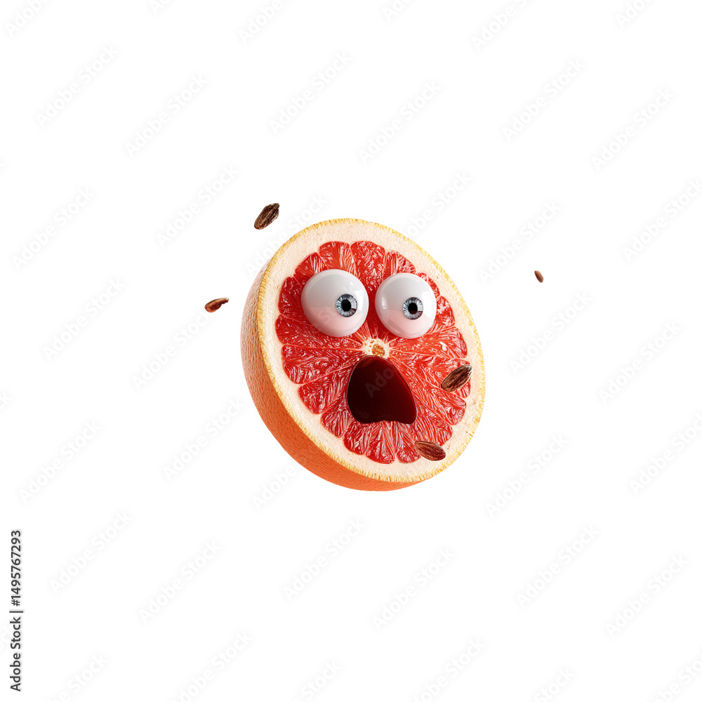 Obraz premium Surprised Grapefruit with Seeds Flying 3D Render of Funny Fruit Character