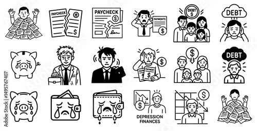 debt crisis visual concept. Financial stress and challenges illustrated through various icons.