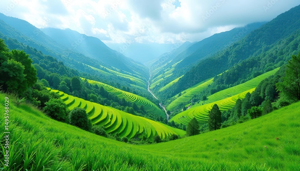 Naklejka premium Vibrant valley, terraced fields, lush green slopes, nature, flora