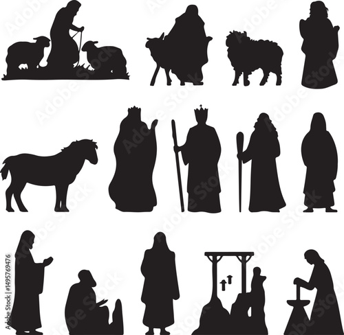 Nativity Scene Silhouettes Black and White Illustration