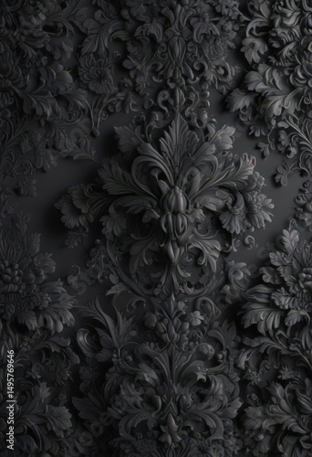 Intricate black damask pattern, grey background  Black floral and foliage details , muted, graphics, dark grey