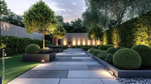 Modern Garden Design: Evening Ambiance, Stone Pathway, Lush Greenery