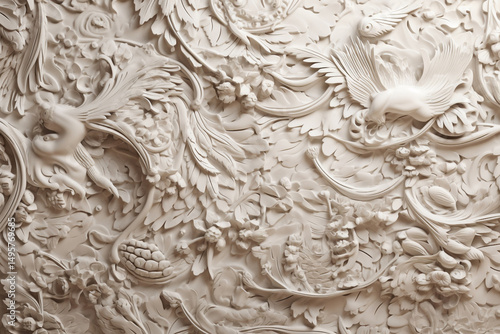Ceiling Elegance Floral and Bird Motifs in Creamy Plaster Relief