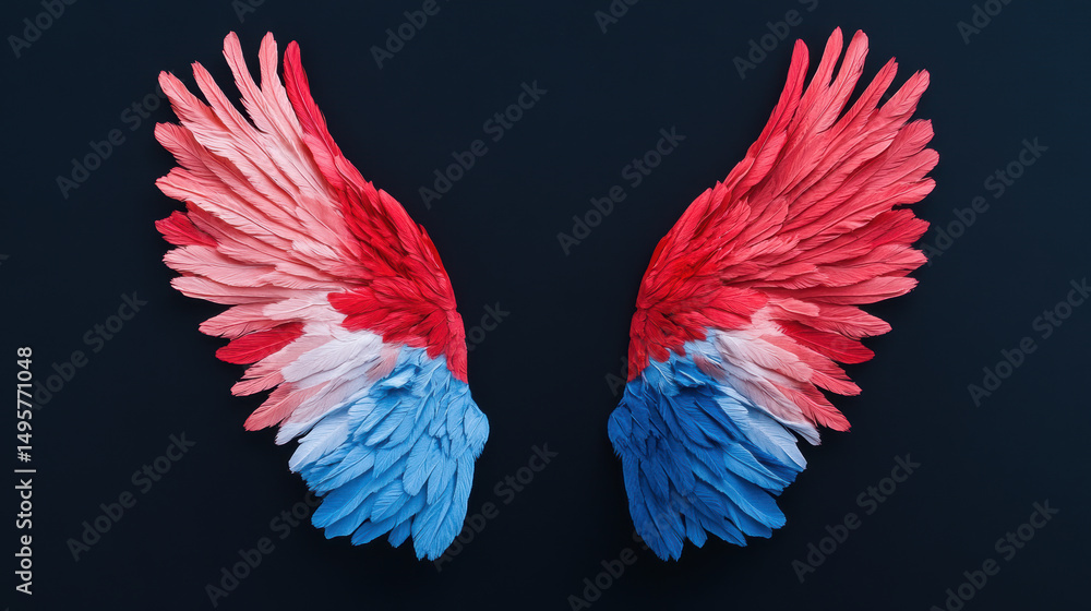 Obraz premium Red, white, and blue angelic wings on dark background displaying a symmetrical feather design
