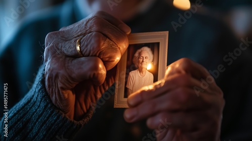 Elderly person holding a nostalgic photograph while reminiscing in a softly lit room during evening hours
