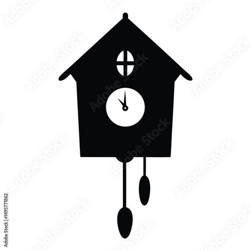 Black and white illustration of a classic cuckoo clock showing time
