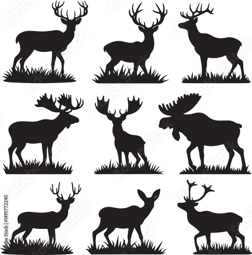 Nine Black Silhouettes of Deer and Moose in Grass