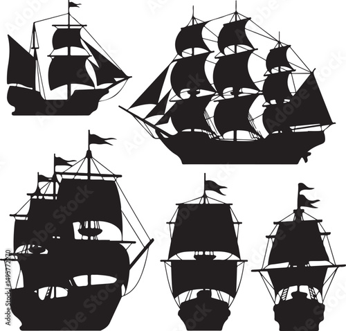 Collection of Five Black Silhouette Sailing Ships