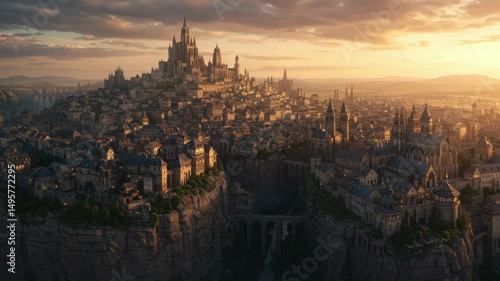 Medieval-inspired fantasy city with tall spires and dramatic lighting