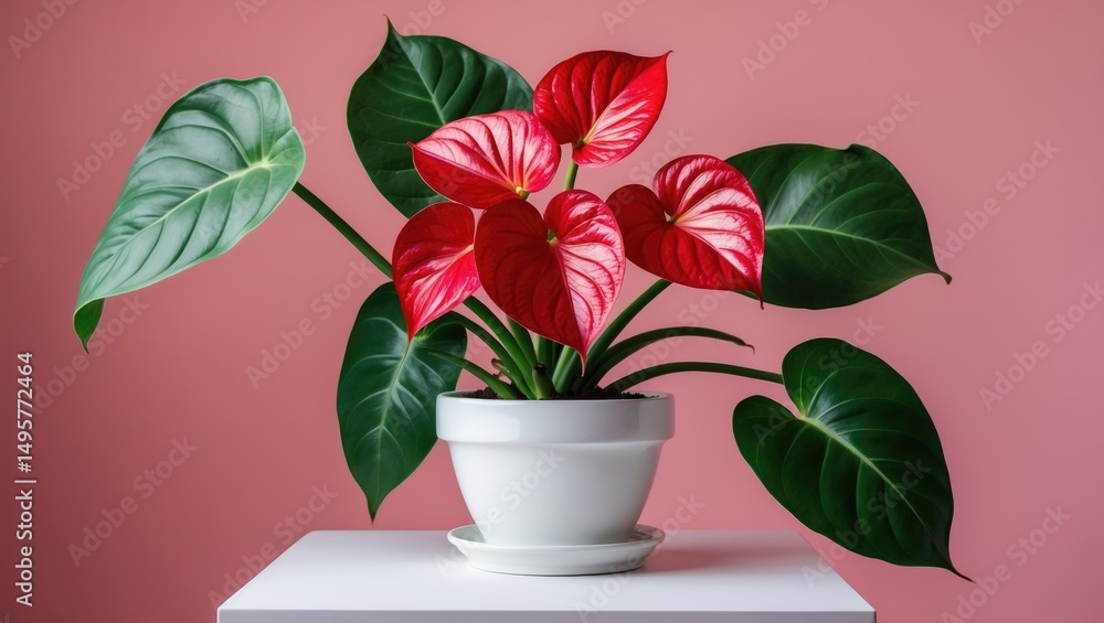 Fototapeta premium White table featuring a heart-shaped flower in a white pot against a pink background.