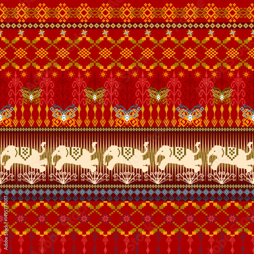 Seamless pixel pattern of elephants with traditional fabric designs. Perfect for backgrounds, digital printing, fashion and crafts.