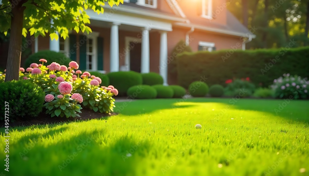 Obraz premium Beautiful manicured lawn and flowerbed with shrubs in sunshine residential house backyard background., created with generative ai