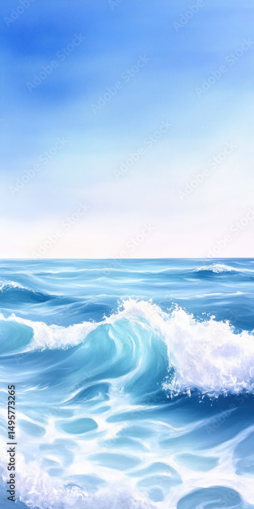 Obraz premium Calm ocean waves under a clear blue sky with sunlight reflecting on the water's surface