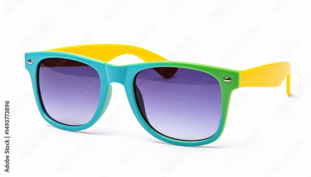 Fototapeta premium Fancy colored sunglasses over white background, summer vacation concept