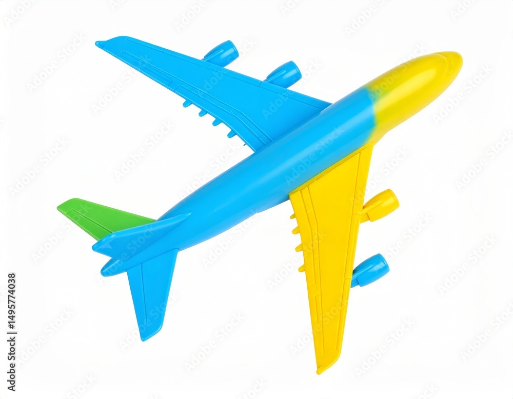 Obraz premium Plastic colored airplane 3D model over white background