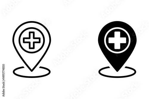 hospital location map pointer, cross icon with location pin, black filled symbol isolated on white background, vector marker, first aid sign	
