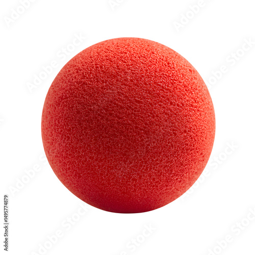 Red clown nose close up macro photo of sponge ball for party and costume use on transparent background