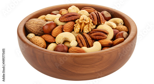 A wooden bowl filled to the brim with a variety of mixed nuts on a plain black background view