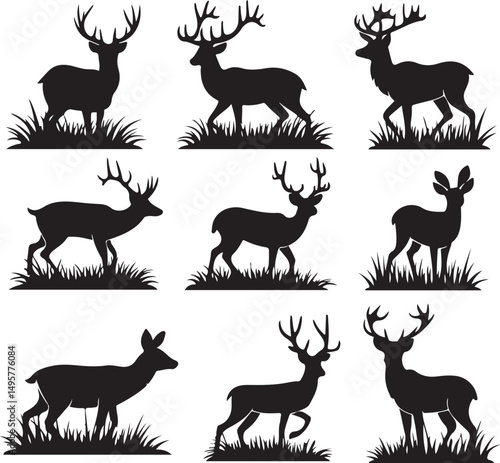 Nine Black Silhouettes of Deer in Grass