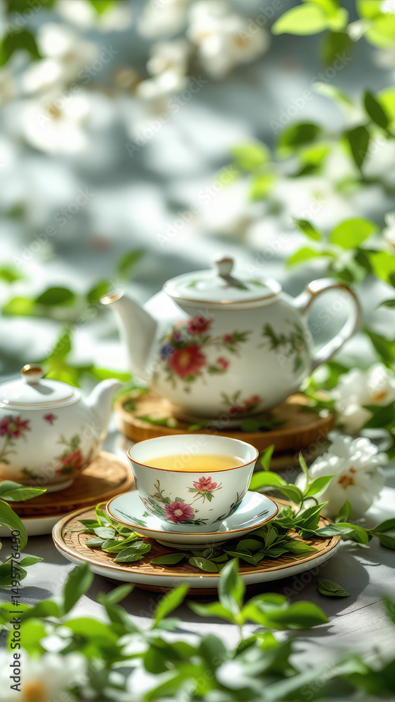 Beautiful tea set with floral design and green leaves for a relaxing afternoon tea time aesthetic Beautiful tea set with floral design and green leaves for a relaxing afternoon tea time aesthetic