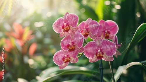 Elegant pink orchid blossoms, highlighted by sunlit foliage, showcasing intricate details