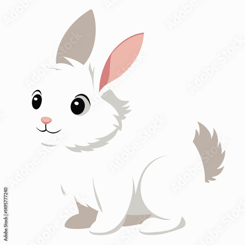 A fluffy white rabbit stands on its hind legs, looking curiously to the side with white background.