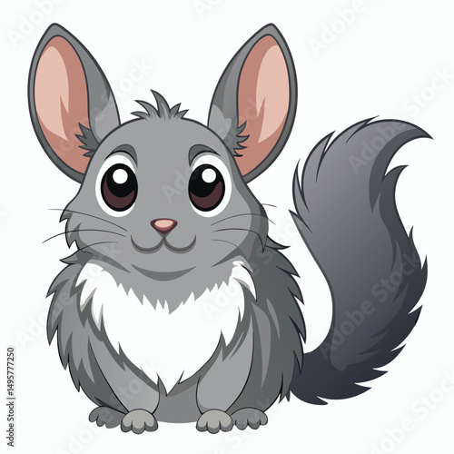 A fluffy gray chinchilla with large ears and a bushy tail sits with white background.