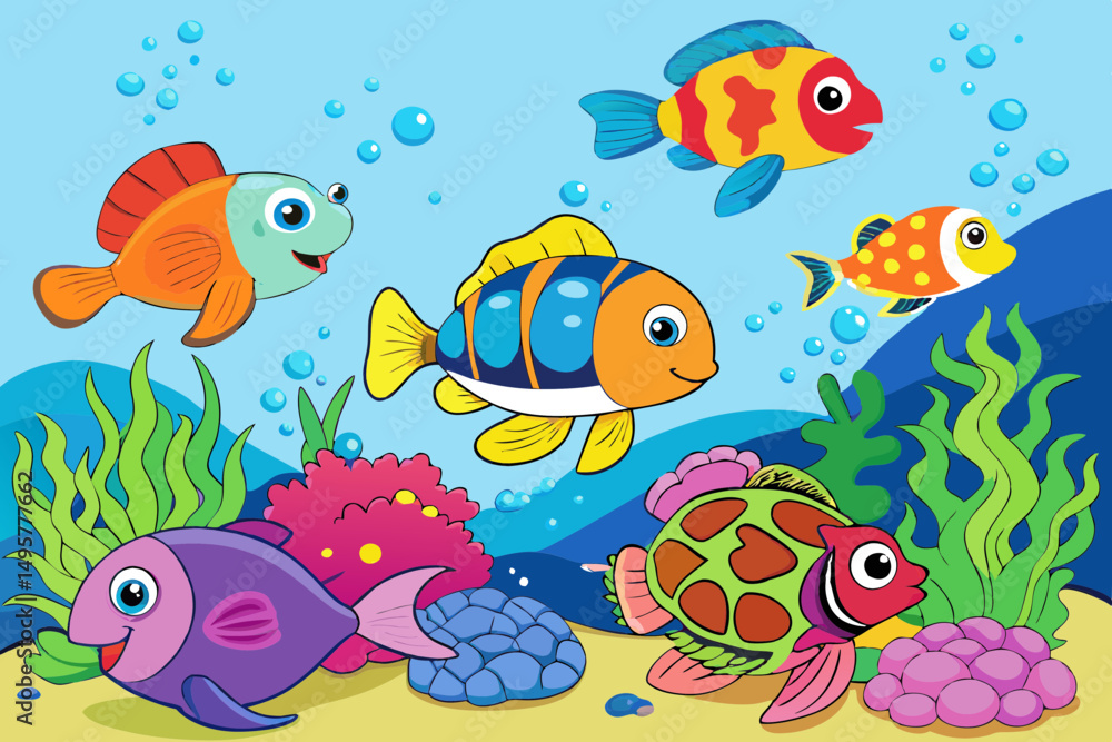 Naklejka premium Colorful Reef with Fish Sea Turtles and Jellyfish