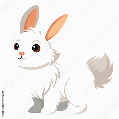 A fluffy white rabbit stands on its hind legs, looking curiously to the side with white background.