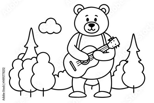 Banjo Playing Bear in a Woodland Scene