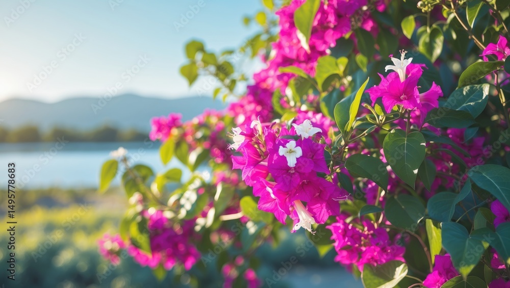 Obraz premium Tropical vine Bougainvillea enhances the sunny scenery.