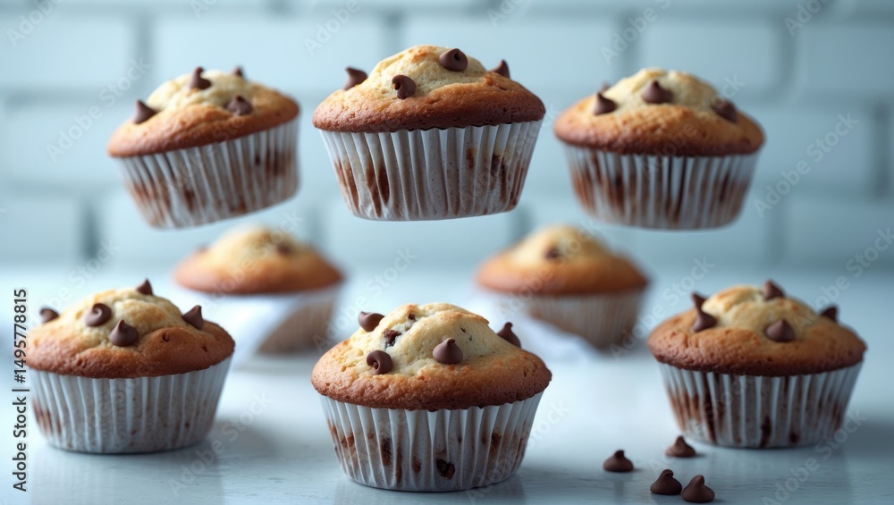 Soft and fluffy chocolate chip muffins in paper cups, on a background. Soft and fluffy chocolate chip muffins in paper cups, on a background.