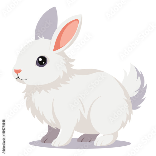 A fluffy white rabbit stands on its hind legs, looking curiously to the side with white background.