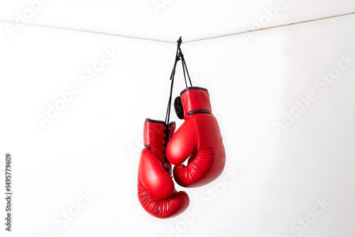 Red boxing gloves hanging on rope white background