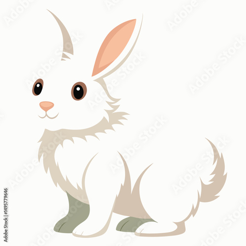 A fluffy white rabbit stands on its hind legs, looking curiously to the side with white background.