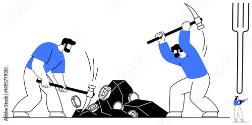 Two workers breaking rocks with pickaxe and sledgehammer using coordinated effort. Ideal for teamwork, labor, progress, manual work, resource gathering, problem-solving, simple landing page