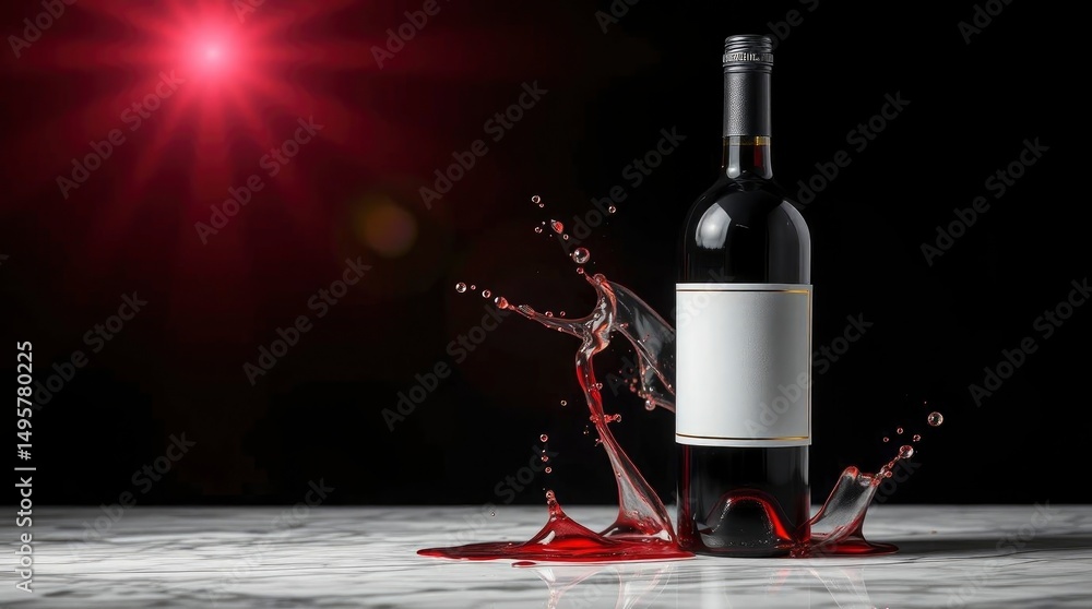 Fototapeta premium Red Wine Bottle with Dramatic Splash: A Dark, Elegant Composition