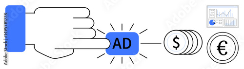 Hand pressing digital ad button, currency icons representing revenue, and analytics chart. Ideal for marketing, online advertising, PPC campaigns, sales strategy, website monetization, e-commerce