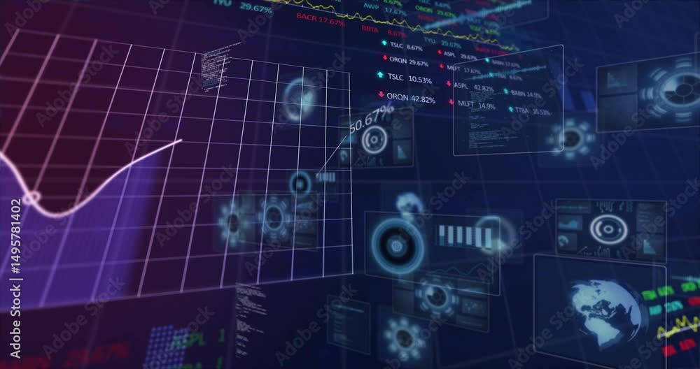 On startup 3D dashboard revealing icons and sliding panels while tracing data curve showing trends On startup 3D dashboard revealing icons and sliding panels while tracing data curve showing trends