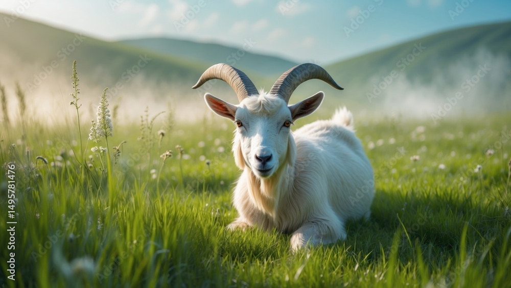 Obraz premium Goat foraging in a field of grass