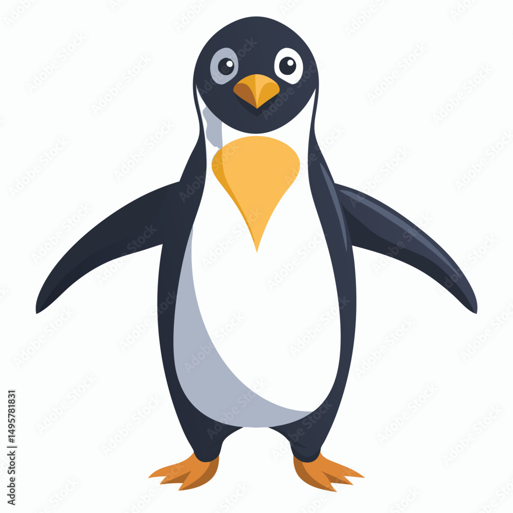 Obraz premium A king penguin with surprised eyes waddles with its wings outstretched with white background.