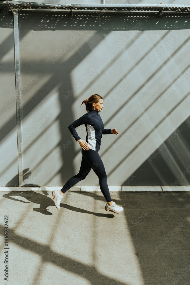 Fototapeta premium Dynamic woman sprinting through an industrial space filled with striking shadows and light on a bright day