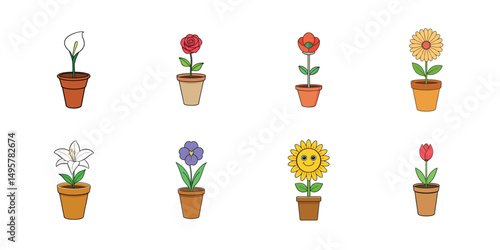 set of vector flower with pot on white background