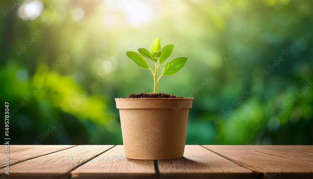growing plant in biodegradable pot on table with nature inspired background growing plant in biodegradable pot on table with nature inspired background