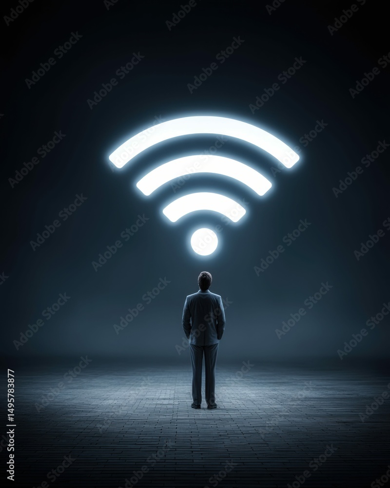 Obraz premium A businessman stands beneath a glowing wifi symbol, representing connectivity and digital access.