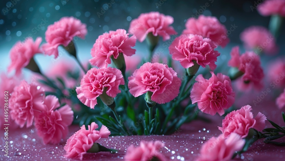 Fototapeta premium Arrangement of small pink carnations set on a background