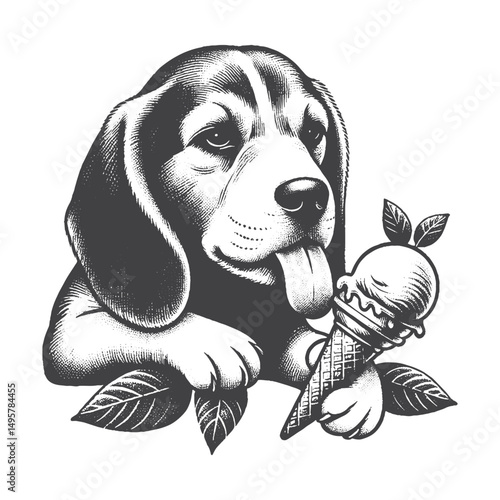 Vintage Hand-Drawn Beagle Licking Ice Cream Illustration – Playful Pup Engraved Style Vector for T-Shirts, Posters, Stickers, and Pet Lover Apparel